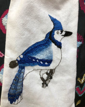 Load image into Gallery viewer, White cotton scarf with hand-embroidered Blue Jay bird motif with black tassels
