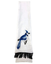 Load image into Gallery viewer, White cotton scarf with hand-embroidered Blue Jay bird motif with black tassels
