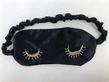 Load image into Gallery viewer, Hand-sewn and embroidered sleep mask in dark blue silk satin
