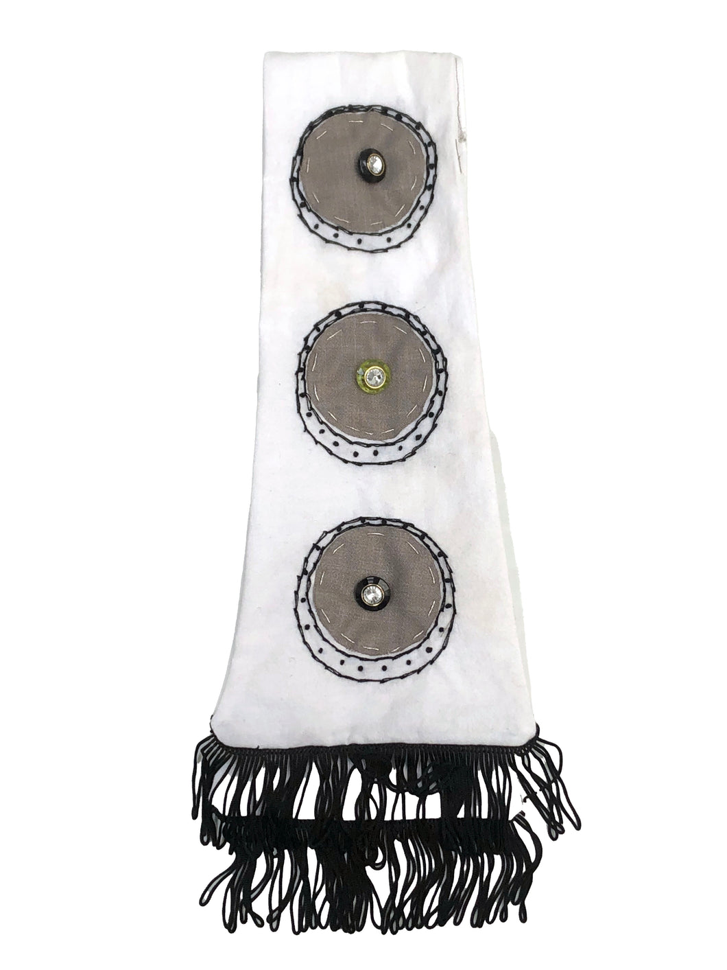 White cotton appliqued and embroidered scarf with tassels