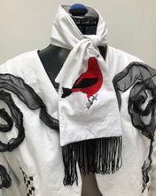 Load image into Gallery viewer, White cotton scarf with hand-embroidered Red Tanager bird motif with black tassels

