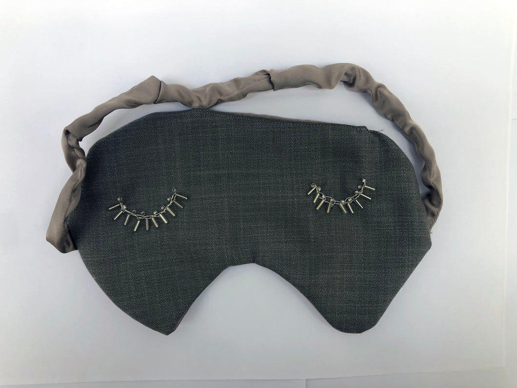Hand-sewn and embroidered sleep mask in grey cotton and silk satin