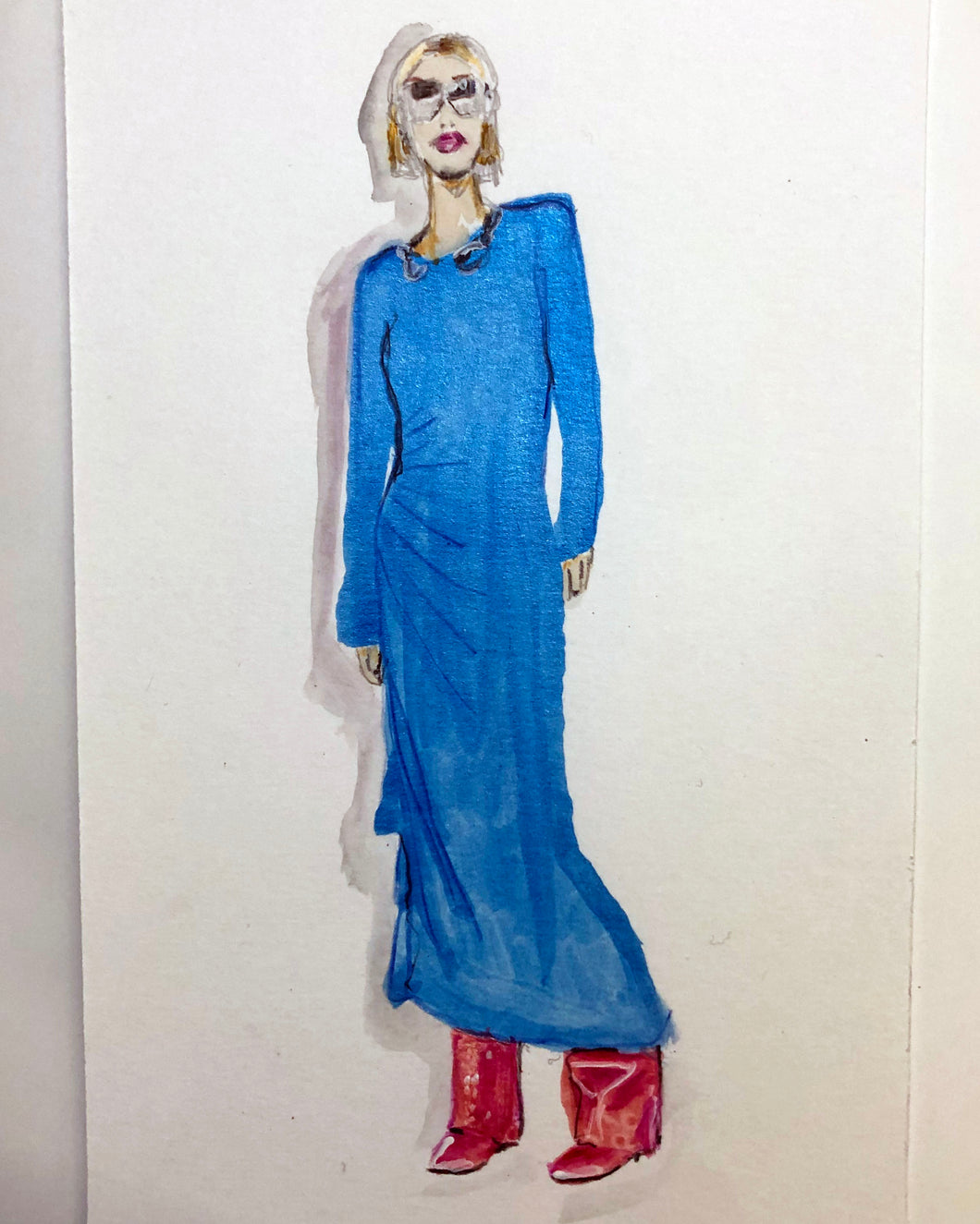 GIVENCHY - AW'23 - Paris fashion illustration - blue dress and pink boots